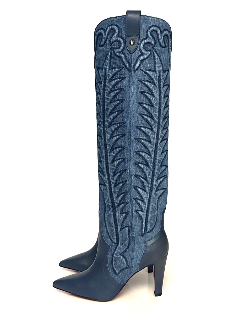 Christian Louboutin Santia 85mm Knee-High Western Boots in Leather and Denim - Picture 5 of 11